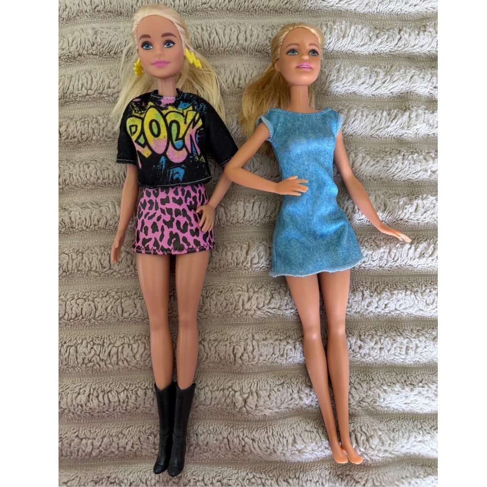 Mattel Barbie Doll Lot of 2 Rock Graphic Tee Leopard Skirt Blue Denim Dress